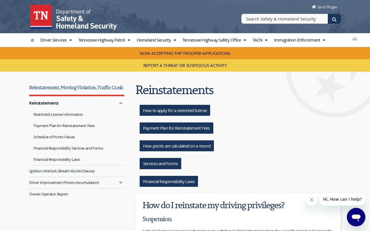 Haywood County traffic tickets Tennessee reinstatement page